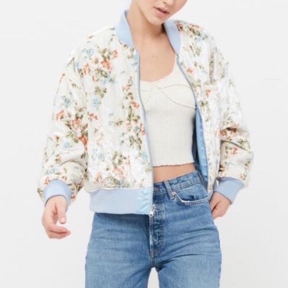 Urban Outfitters Floral Quilted Bomber Jacket in Light Blue Trim